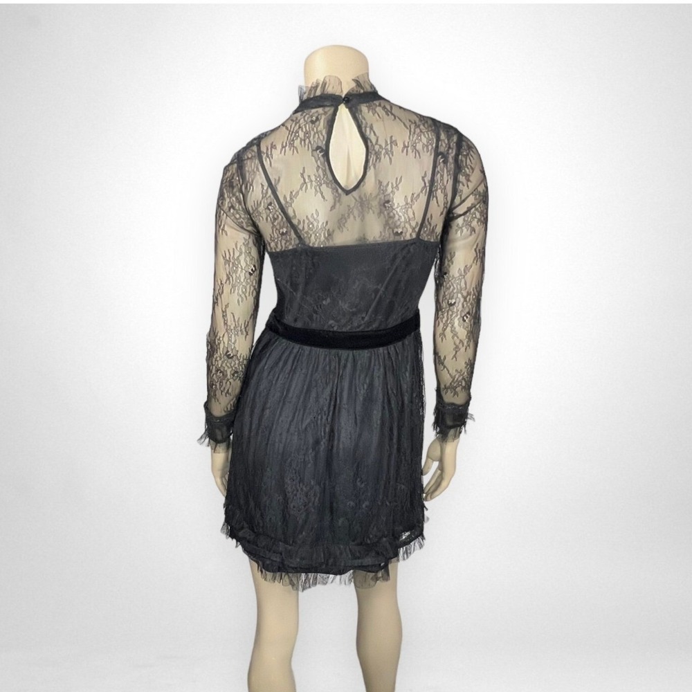 ZARA BASIC Small Black Lace Sheer Long Sleeve Dress High Neck Little Black Dress - Picture 3 of 8